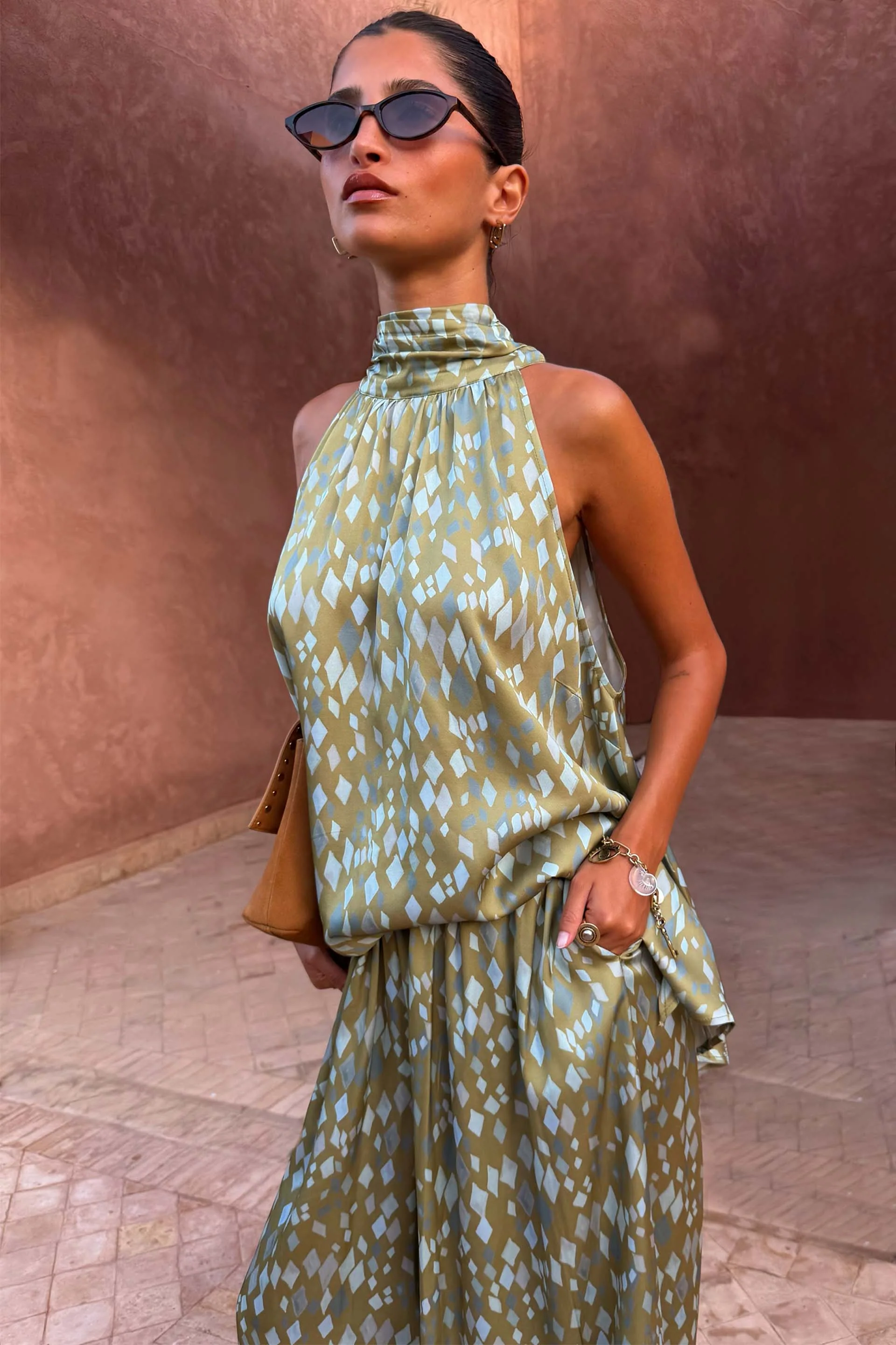 Green Diamond Print Halter Top - Image 3