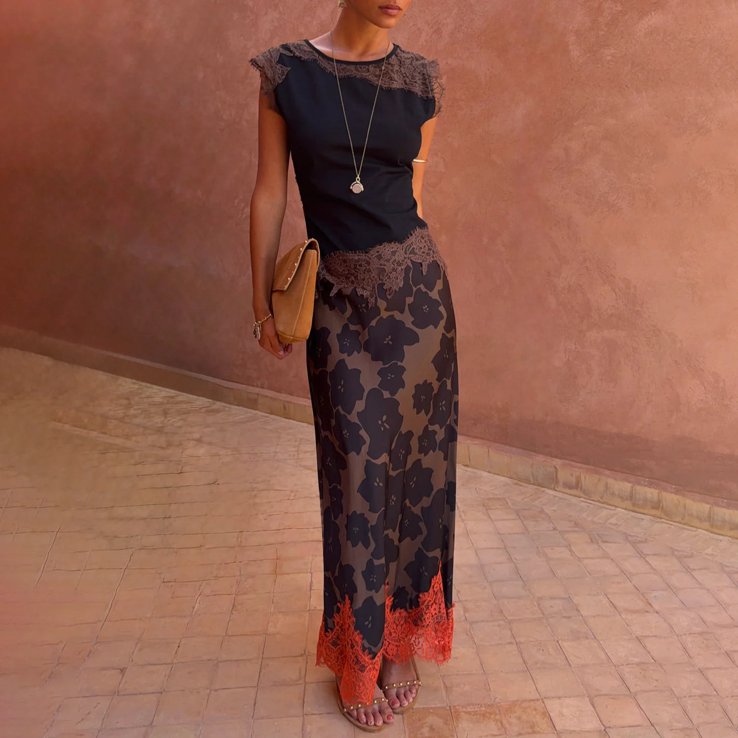 Tan Jaden Floral Midi Meava Skirt